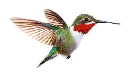 Fototapeta premium a vibrant hummingbird in mid-flight showcasing its iridescent feathers and distinctive red throat captured against a plain white background