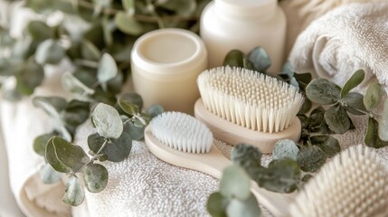 A collection of soft, white spa brushes lay scattered on a plush towel, adorned with sprigs of fragrant eucalyptus leaves, evoking a sense of tranquility and rejuvenation.