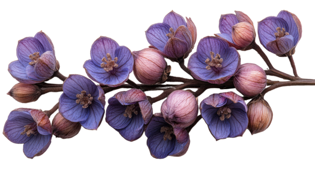 Purple Floral Elegance: Delicate purple flowers on a branch with closed buds, a captivating image celebrating the beauty of nature, capturing the charm of floral artistry.