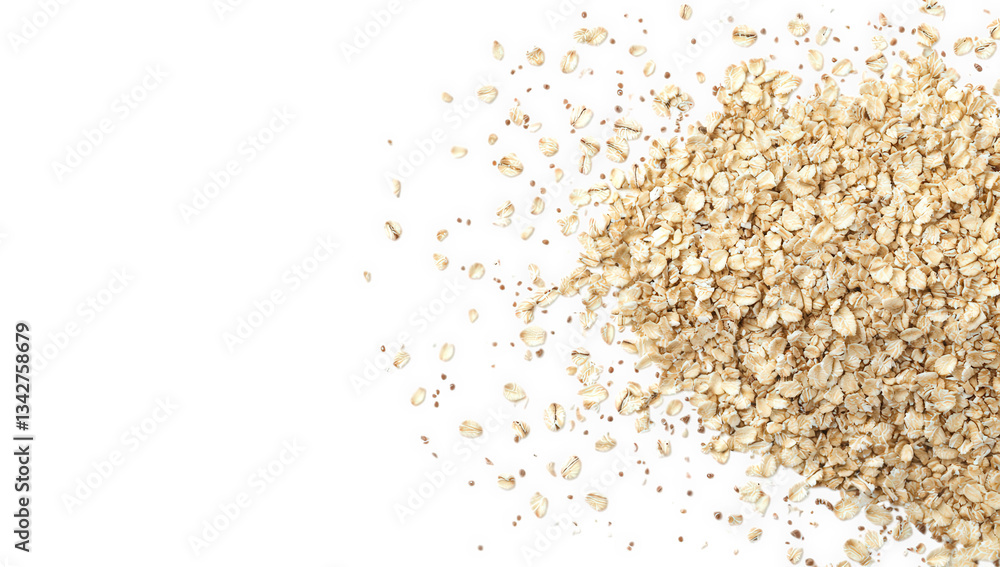 Poster a close-up view of rolled oats scattered on a white background highlighting their texture and color 