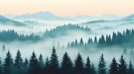 Obraz premium Serene Misty Landscape Across Evergreen Trees at Dawn