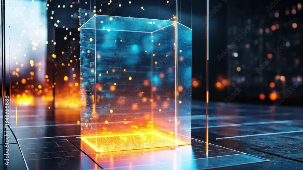 Poster futuristic glowing cube surrounded by digital particles and light, showcasing innovation and technol