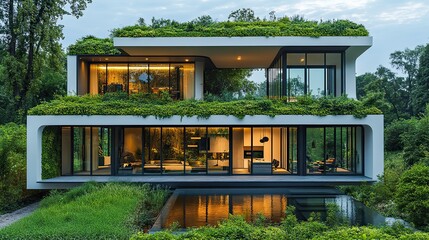 A modern white building with a green roof and lush vegetation showcases sustainable architecture, promoting eco-friendly urban living and environmental consciousness