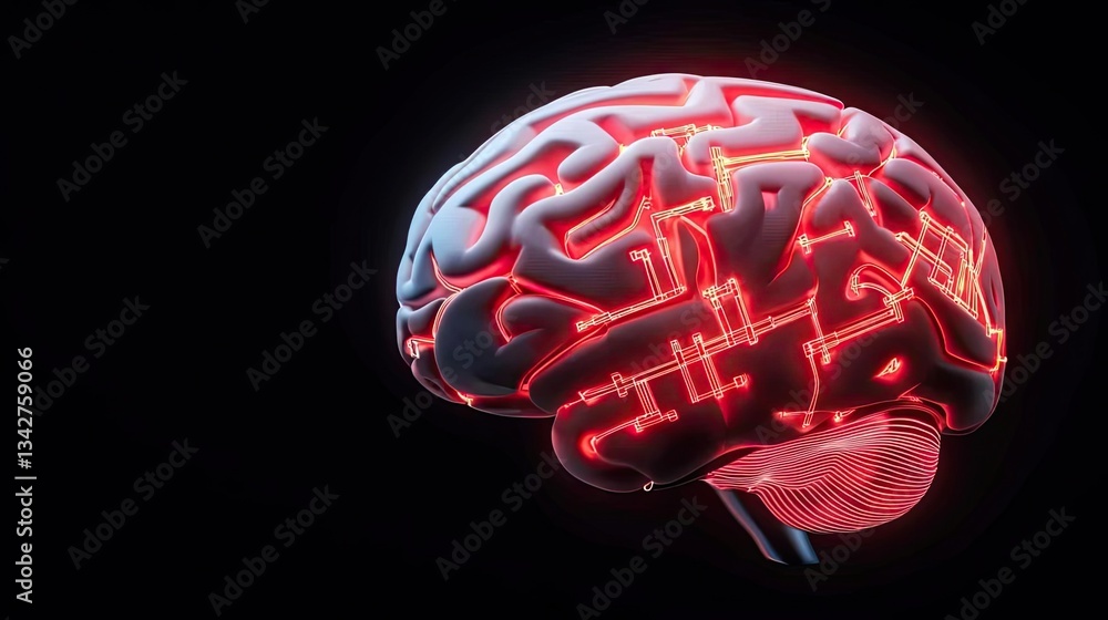 Poster artificial intelligence cyberspace and data network concept. futuristic brain with neon pathways rep