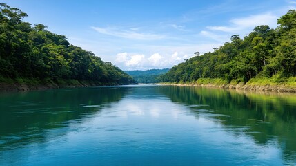 Serene River Landscape Surrounded by Lush Green Forests and Blue Sky