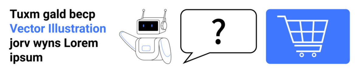 Robot giving a hand gesture with a speech bubble and question mark beside a shopping cart icon. Ideal for AI, e-commerce, chatbot, customer support, innovation, automation, simple landing page