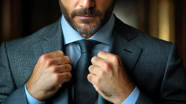 Portrait of a Confident Man in a Suit, Adjusting His Tie
