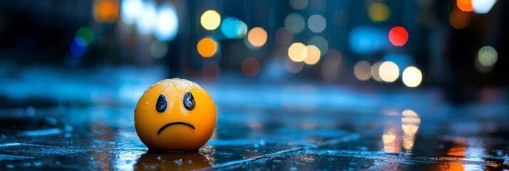 Fototapeta premium A melancholy emoji rests on a rainy street at night.