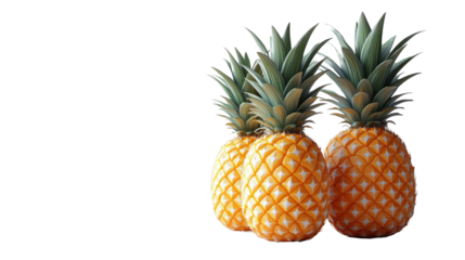 Tropical Trio: Three ripe pineapples stand close to each other. They are very delicious with their yellow color. 