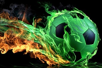 A soccer ball enveloped in vibrant green flames.