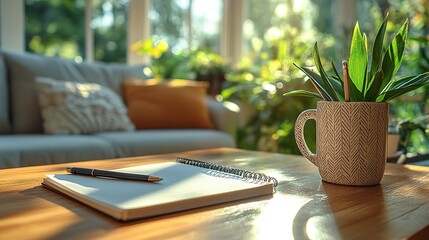 A pen, notepad, and coffee mug sit on a bright living room's modern wooden coffee table, suggesting relaxation and productivity