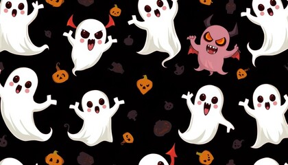 Spooky cartoon ghost and devil seamless Halloween pattern, perfect for wrapping paper or textile design, seamless, evil