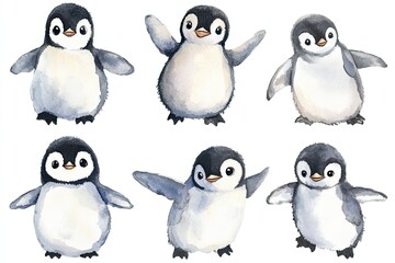 Obraz premium Set of watercolor cute penguins hand drawn on a white background