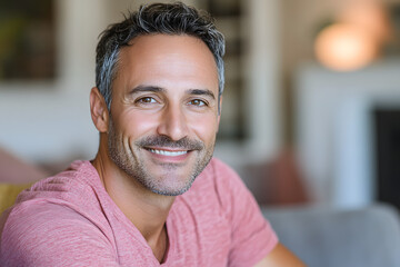 Naklejka premium Portrait of a smiling man looking at the camera while sitting on a sofa in a living room. This close-up headshot portrait has a copy space area for your advertising text message or logo design.