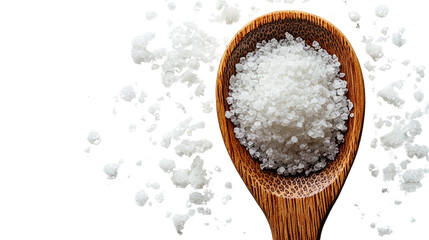 Salt Crystals on Spoon: A close-up shot showcases a wooden spoon brimming with pristine salt crystals, accompanied by scattered grains, capturing texture.