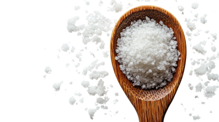 Salt Crystals on Spoon: A close-up shot showcases a wooden spoon brimming with pristine salt crystals, accompanied by scattered grains, capturing texture.