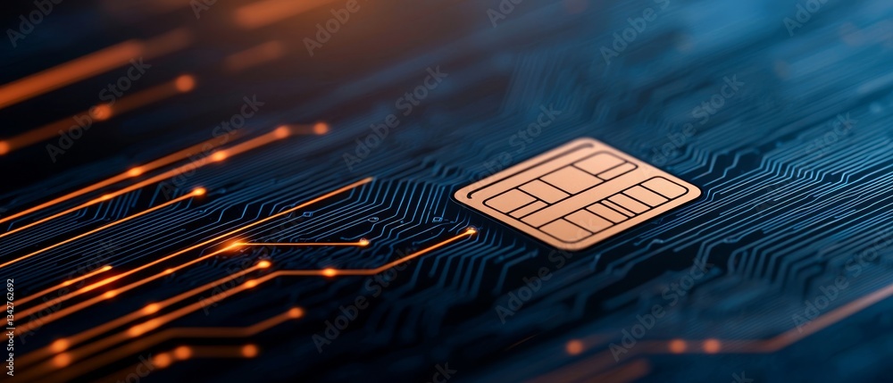Poster a close-up view of a smart card embedded in a circuit board, showcasing intricate patterns and glowi