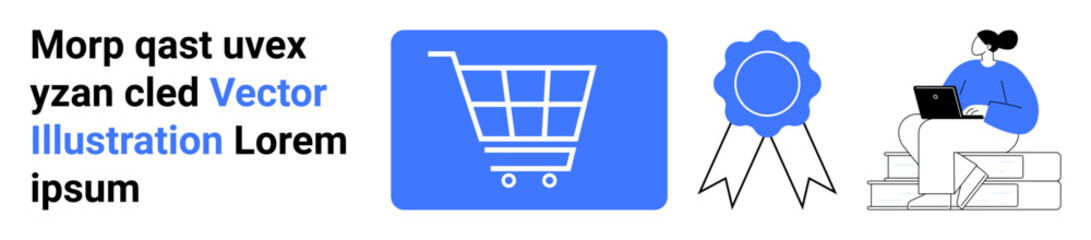 Cart icon in blue, certification badge, and individual using a laptop while sitting on steps. Ideal for e-commerce, online business, education, certification, technology, remote work simple landing