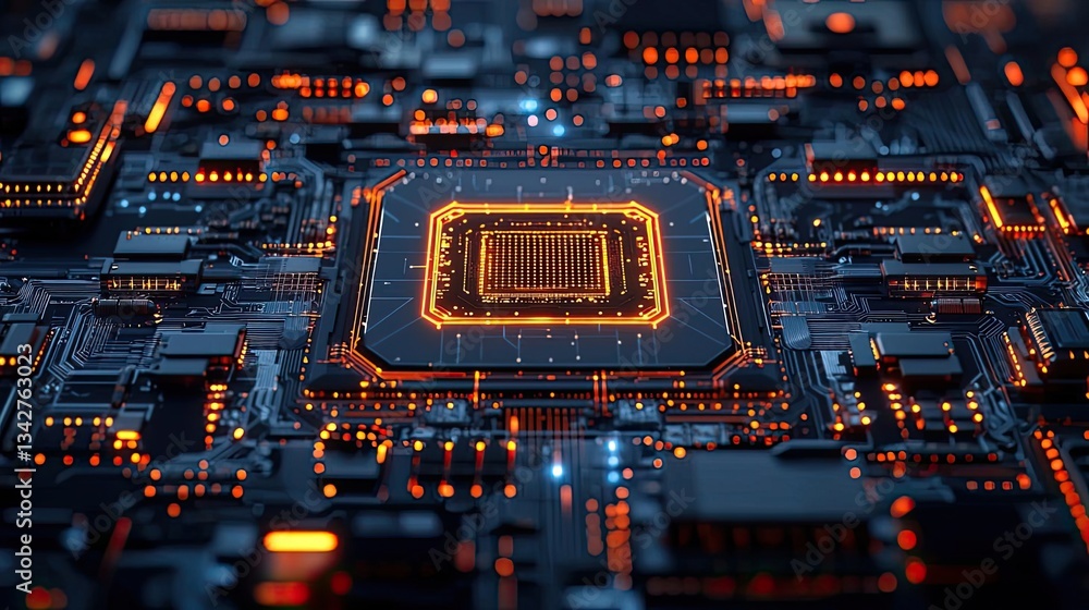Poster artificial intelligence cyberspace and data network concept. futuristic circuit board with glowing e