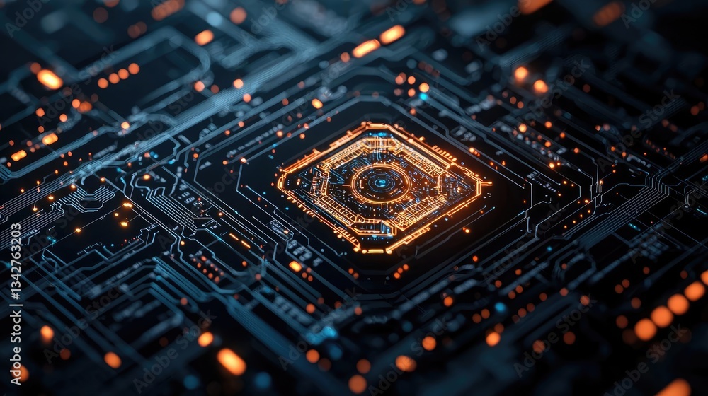 Poster artificial intelligence cyberspace and data network concept. a close-up view of a futuristic circuit