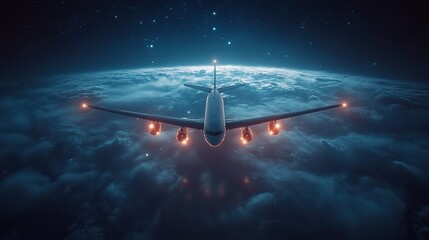 Fototapeta premium A plane flies above Earth at night, representing global business travel