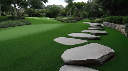 Landscaped putting green with stone path. Lush, artificial turf meets a natural stone pathway, winding through meticulously maintained landscaping