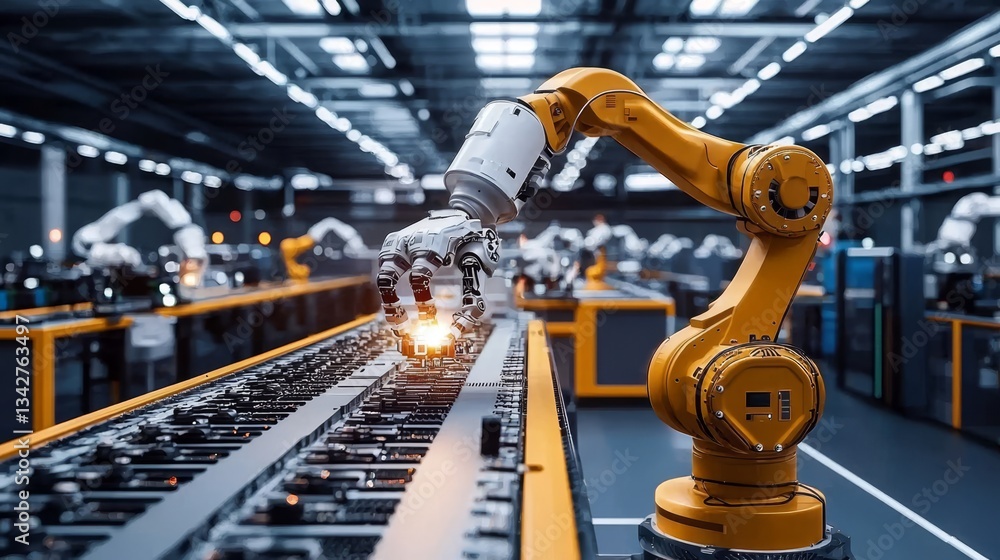 Poster an illustration of an industrial robot operating in a smart autonomous factory.