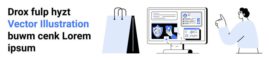 Desktop monitor displaying secure digital data, shield icon, and analytics. Shopping bag alongside person pointing toward the screen. Ideal for ecommerce, cybersecurity, online tools, analysis