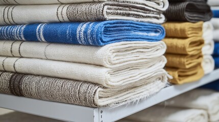 Beautiful close up of Jewish prayer shawls arranged neatly on shelves showcasing vibrant colors and textures