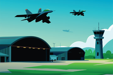Dynamic image of military jets launching from a bustling airbase, showcasing hangars and support infrastructure.