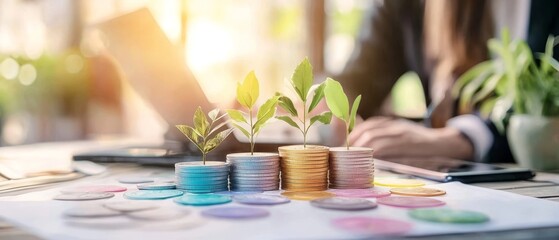 A close-up of coins stacked with small green plants growing from them, symbolizing financial growth and sustainability in a business environment.