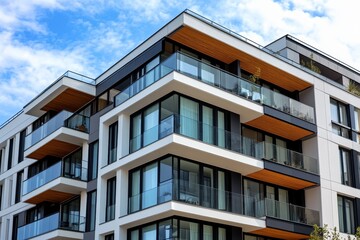 Obraz premium Modern apartment building exterior, sunny day, contemporary architecture, city living