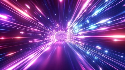 Fototapeta premium Immersive digital tunnel illuminated by neon lights.