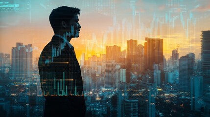 Business Leader with City View and Data Overlay at Sunset Reflects Future