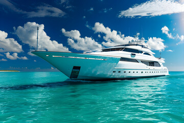 Modern Yacht Cruising Through Turquoise Waters in a Serene Coastal Bay – A Picture of Maritime Elegance and Leisure