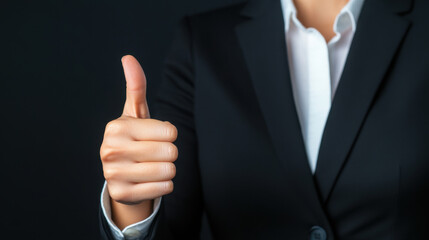 woman in suit showing thumbs up gesture, expressing positivity and confidence. This conveys professional and encouraging atmosphere