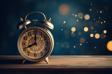 Vintage alarm clock on wooden surface with glowing bokeh lights in the background, symbolizing time, nostalgia, and timeless moments