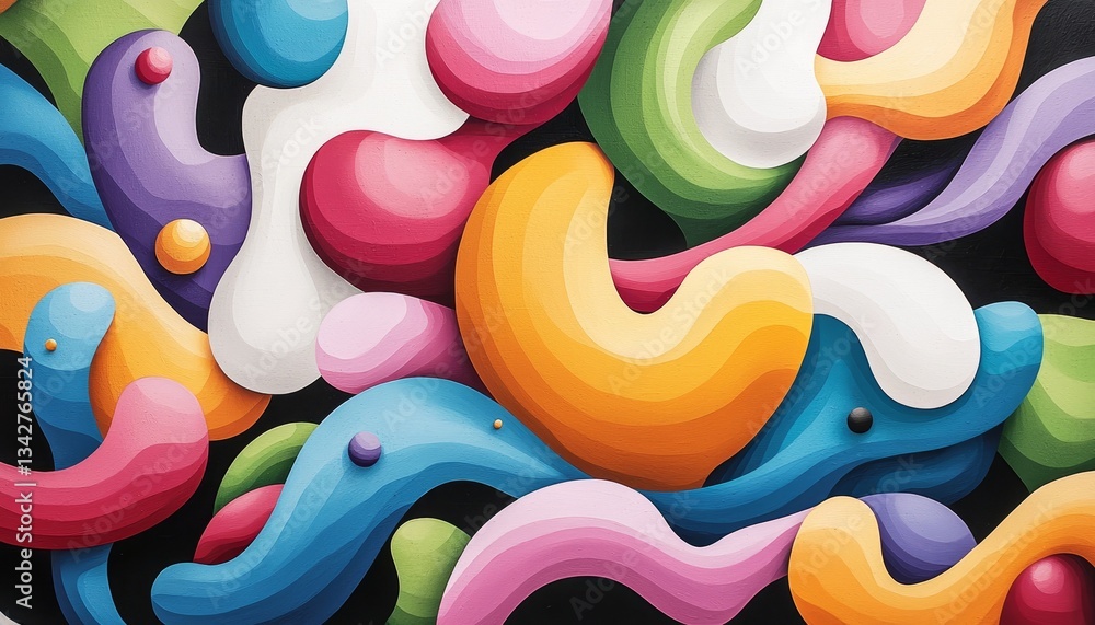 Poster a vibrant, abstract composition featuring colorful, swirling forms that create a dynamic visual rhyt