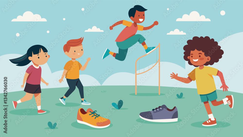 Poster squeaky sneakers and rustling clothes fill the air as the children dart around the playground.. vect