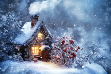 Cozy winter cabin with smoke rising, festive berries, and snowy landscape background