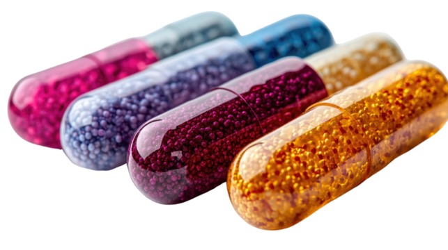 Colorful Capsules: A row of colorful capsules filled with tiny granules, representing pharmaceutical innovation and the promise of health and wellness.