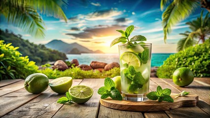 Obraz premium Homemade Mojito Recipe: Vibrant Lime & Mint Landscape Photography