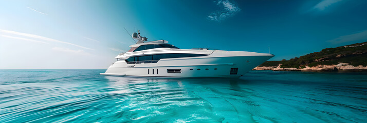 Fototapeta premium Modern Yacht Cruising Through Turquoise Waters in a Serene Coastal Bay – A Picture of Maritime Elegance and Leisure