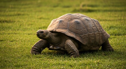Large Galapagos turtle walking on green grass slowly in a natural habitat