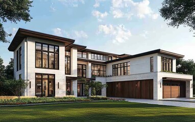 Modern Mansion Exterior, Suburban Setting, Daytime View, Architectural Design