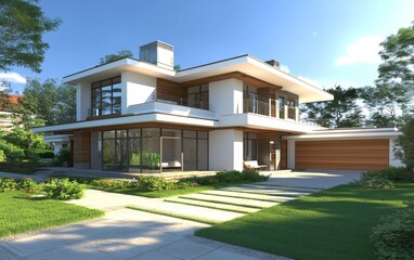 Modern house exterior, sunny day, lush landscaping, city view