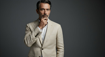 Fototapeta premium Thinking Man in Suit with Hand on Chin Against Gray Background