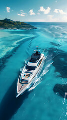 Fototapeta premium Modern Yacht Cruising Through Turquoise Waters in a Serene Coastal Bay – A Picture of Maritime Elegance and Leisure