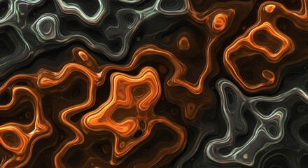 A black and orange abstract painting with a lot of swirls and lines