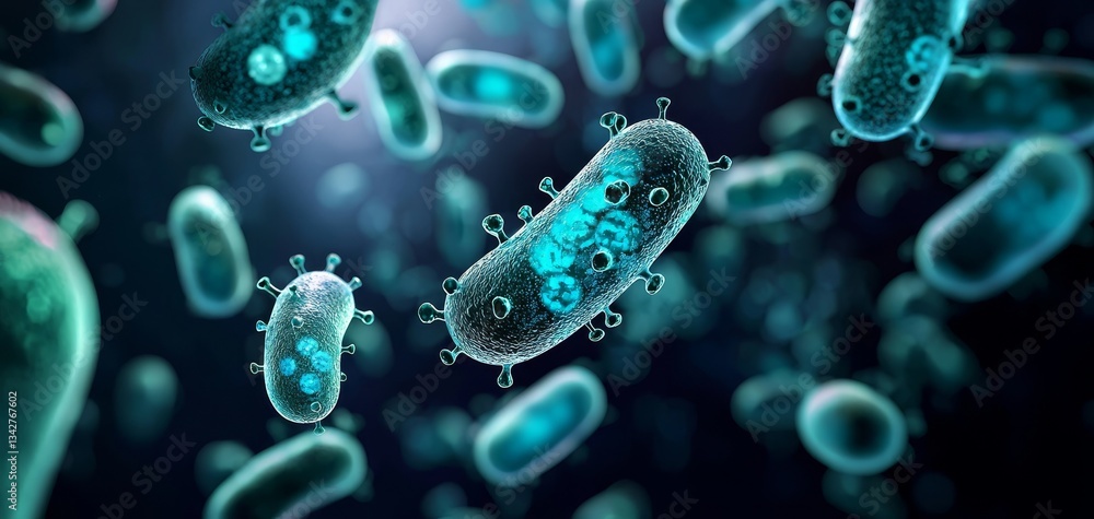 Poster a close-up image of bacteria with a glowing, microscopic appearance, showcasing their shapes and str